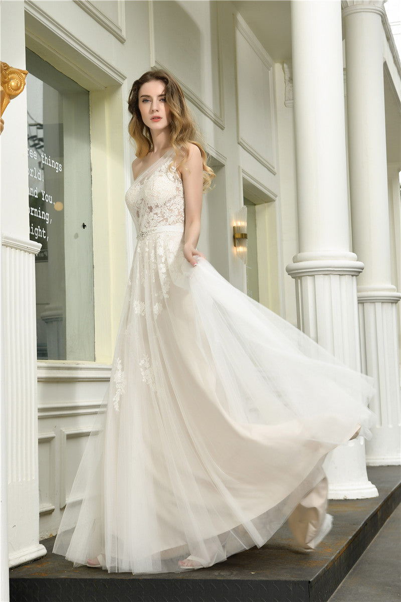 One Shoulder A-Line White Wedding Dress