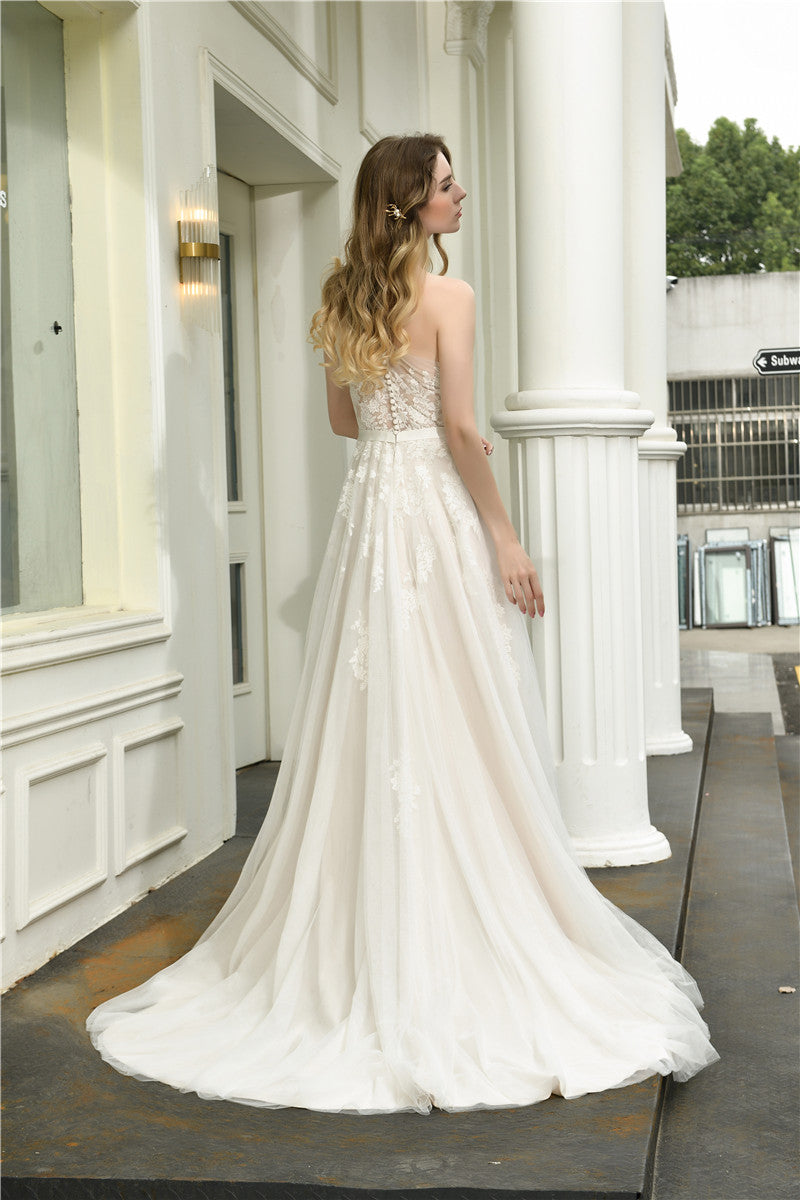 One Shoulder A-Line White Wedding Dress