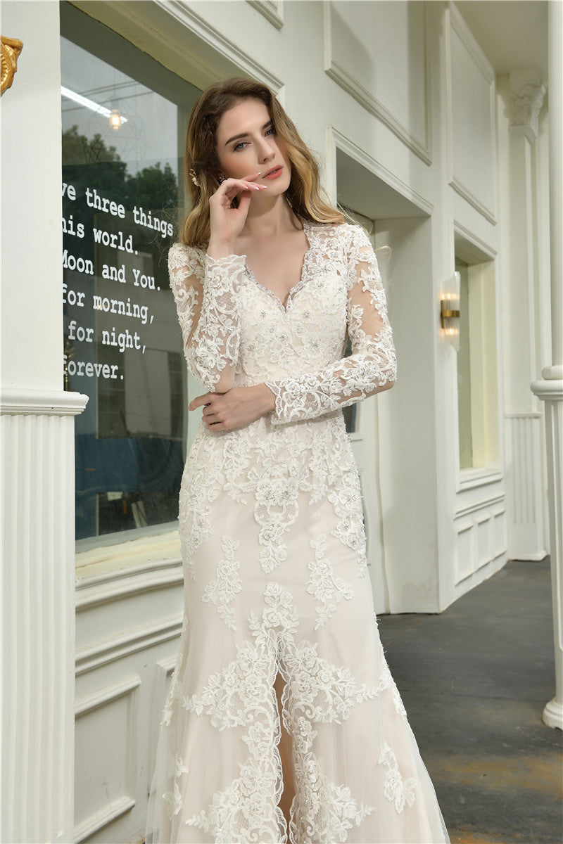 Princess A-Line Long Sleeves Ivory Wedding Dress with Slit-Front