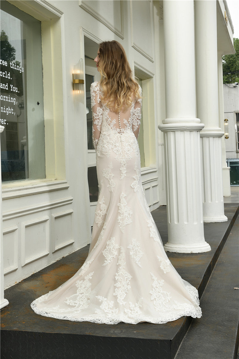 Princess A-Line Long Sleeves Ivory Wedding Dress with Slit-Front