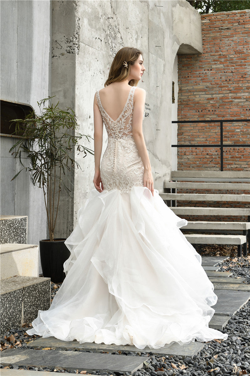 V Neck Mermaid Ivory Wedding Dress with Cascading Ruffles