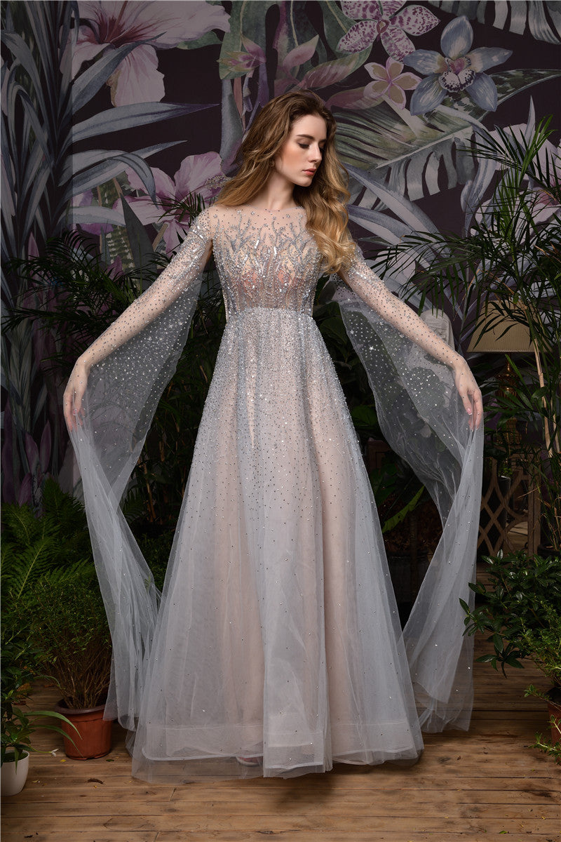 Princess Long Sleeves Beaded Champagne Wedding Dress