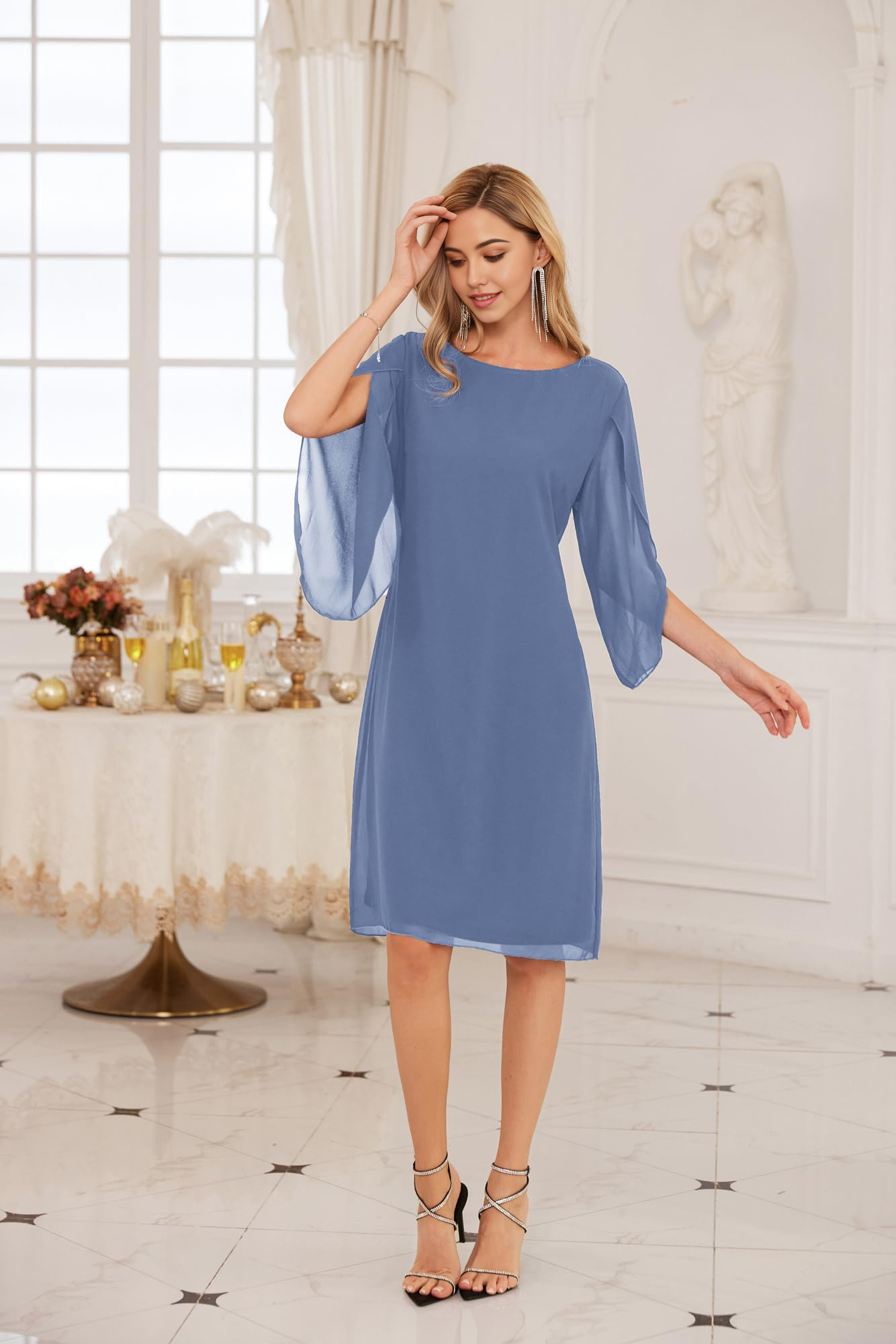 Sheath Crew Neck Tea Length Chiffon formal dresses Bridesmaid Dresses evening gown Prom Dress