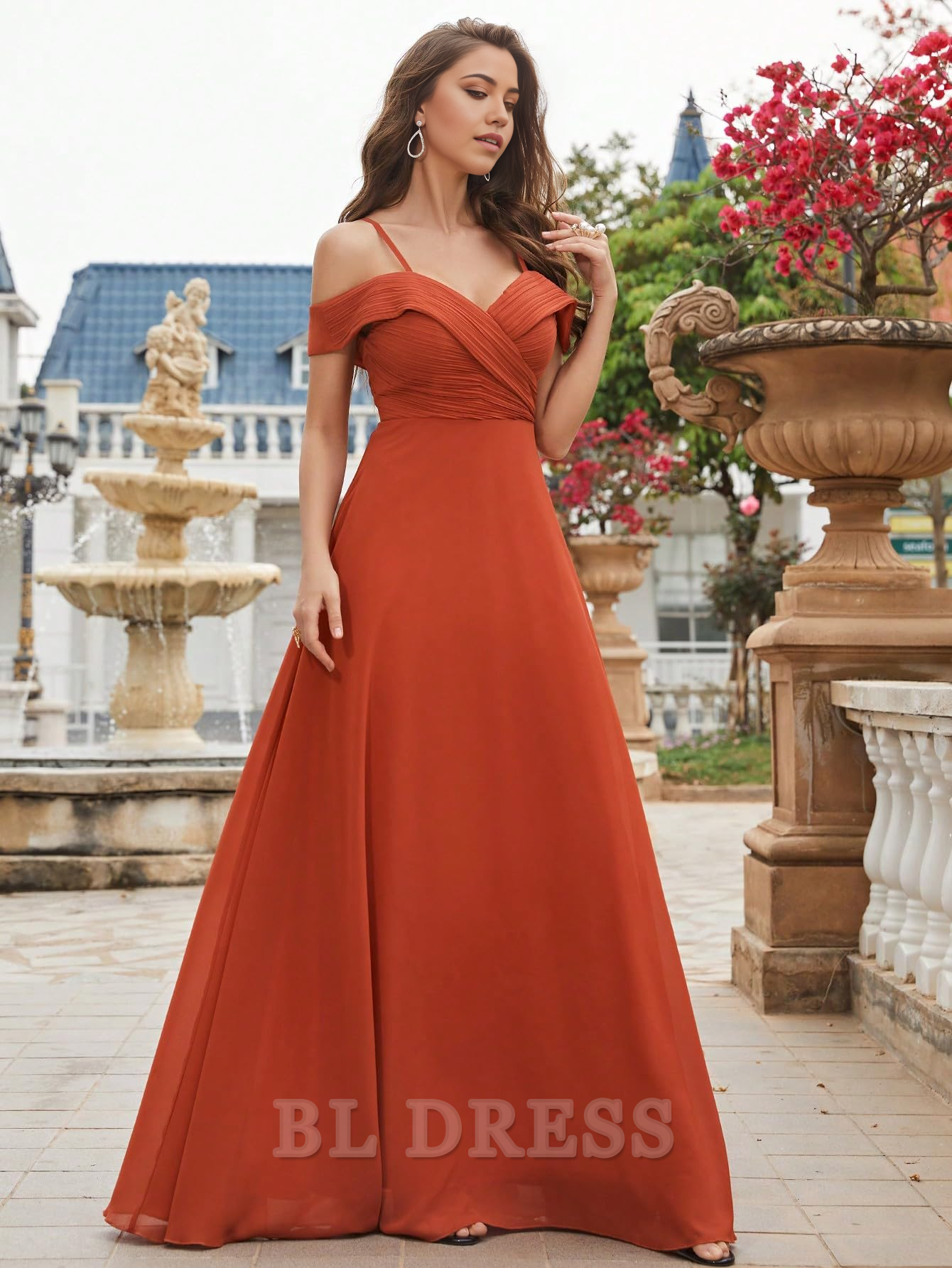Elegant Cold Shoulder Ruched Floor Length Chiffon formal dresses Bridesmaid Dresses evening gown Prom Dress