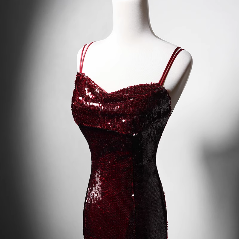 Wine Red Mermaid Straps Long Prom Dress Party Dress, Wine Red Sequins Evening Dress