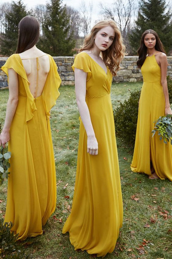 A-line Chiffon Floor-Length Mustard Yellow Bridesmaid Dresses