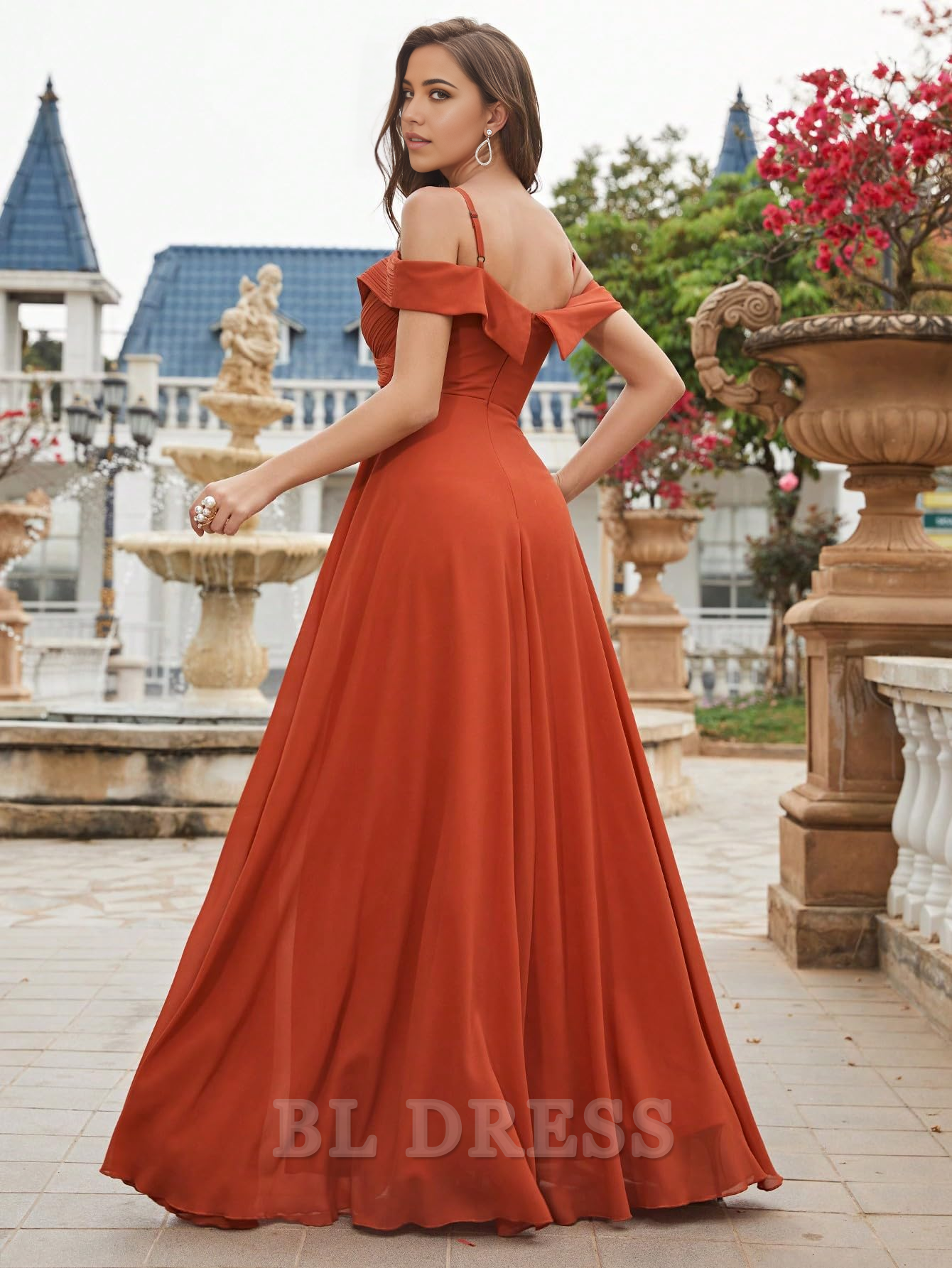 Elegant Cold Shoulder Ruched Floor Length Chiffon formal dresses Bridesmaid Dresses evening gown Prom Dress