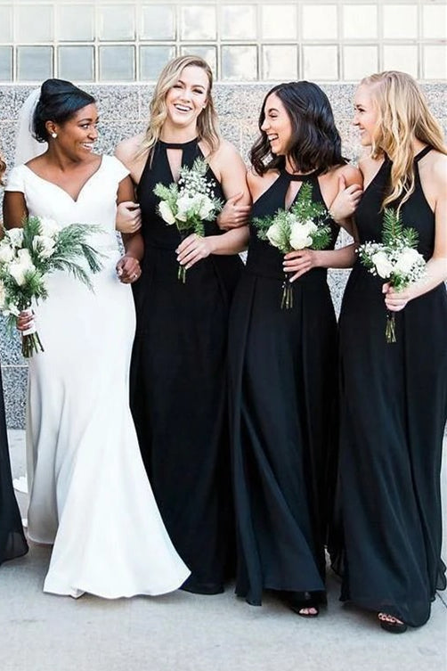 Floor-Length Jewel Hollow Black Bridesmaid Dress