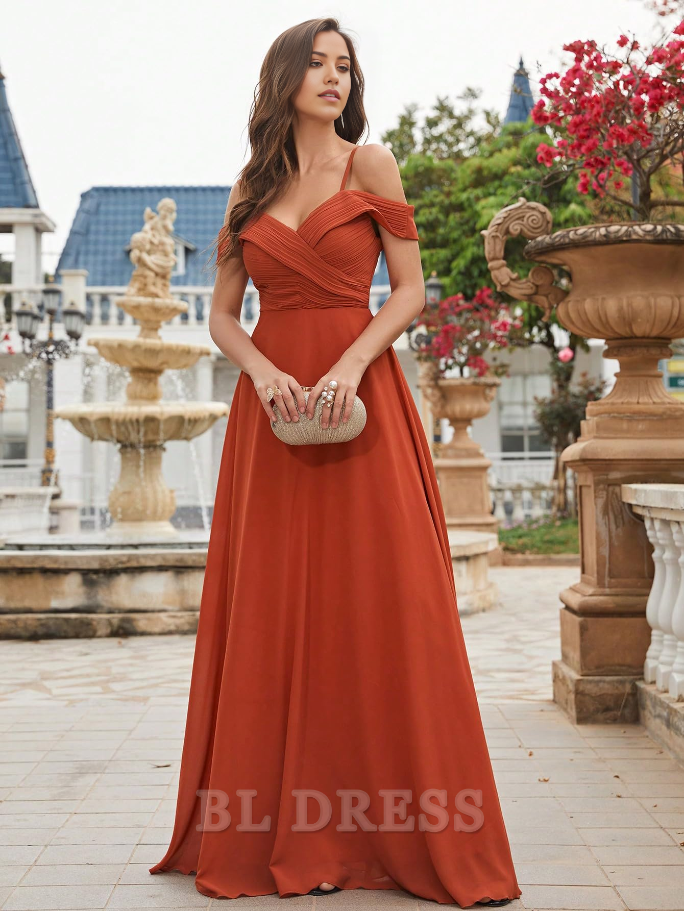Elegant Cold Shoulder Ruched Floor Length Chiffon formal dresses Bridesmaid Dresses evening gown Prom Dress