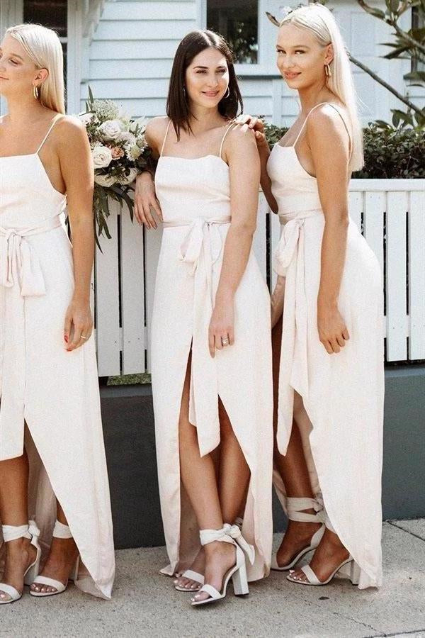Spaghetti Straps Long Wraped Light Peach Bridesmaid Dress