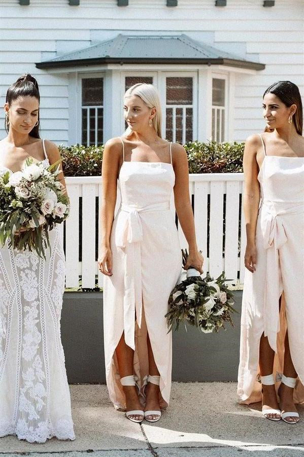 Spaghetti Straps Long Wraped Light Peach Bridesmaid Dress
