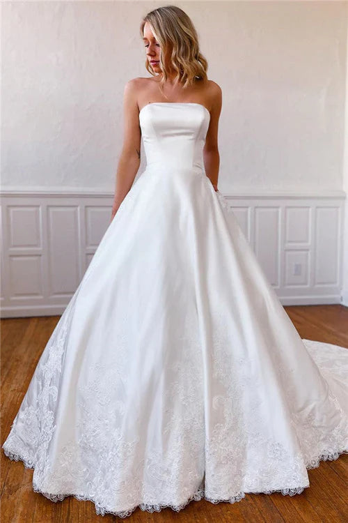 Aimishang Elegant Lace Appliques Long Strapless White Wedding Dress with Pockets