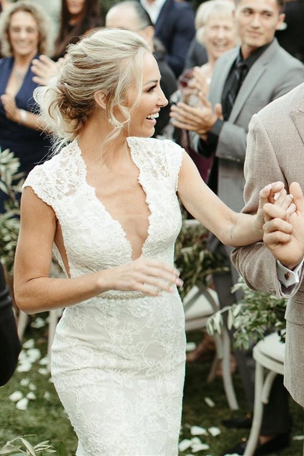 Deep V Neck Mermaid Long Off White Lace Wedding Dress