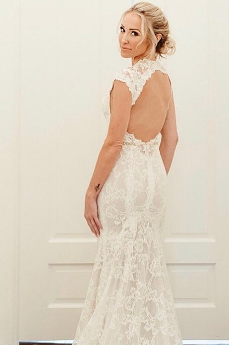 Deep V Neck Mermaid Long Off White Lace Wedding Dress