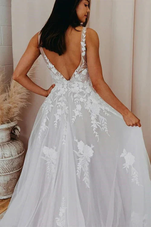 Aimishang Elegant A-Line V Back Long White Wedding Dress with Lace Appliqued
