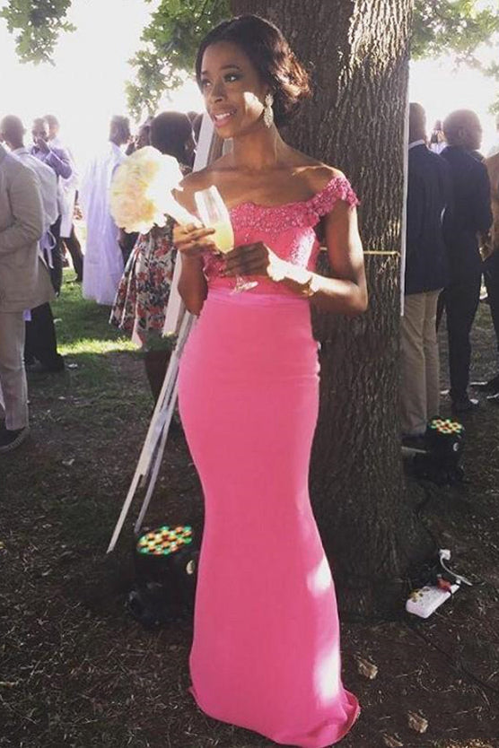 Off the Shoulder Mermaid Hot Pink Bridesmaid Dress with Lace