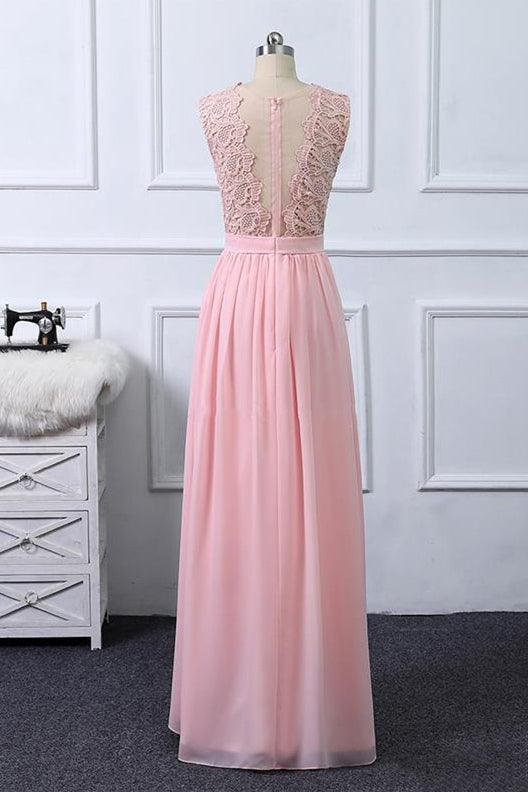 A-line Lace Bodice Long Pink Bridesmaid Dress