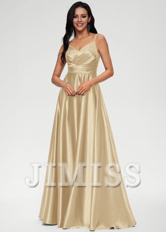 A-line V-neck floor-length satin prom dress