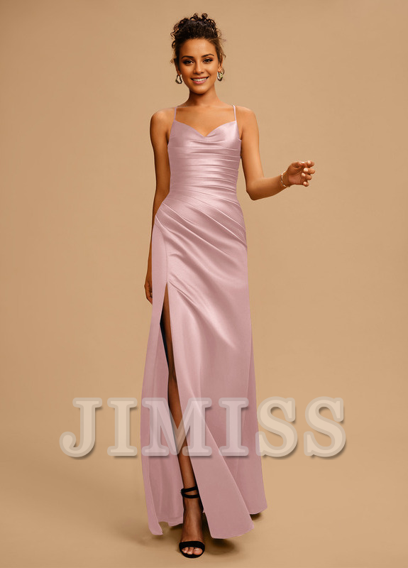 Bodycon/straight V-neck floor-length pleated satin prom dress