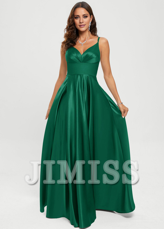 A-line V-neck floor-length satin prom dress