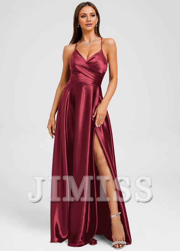 A-line V-neck floor-length pleated satin prom dress