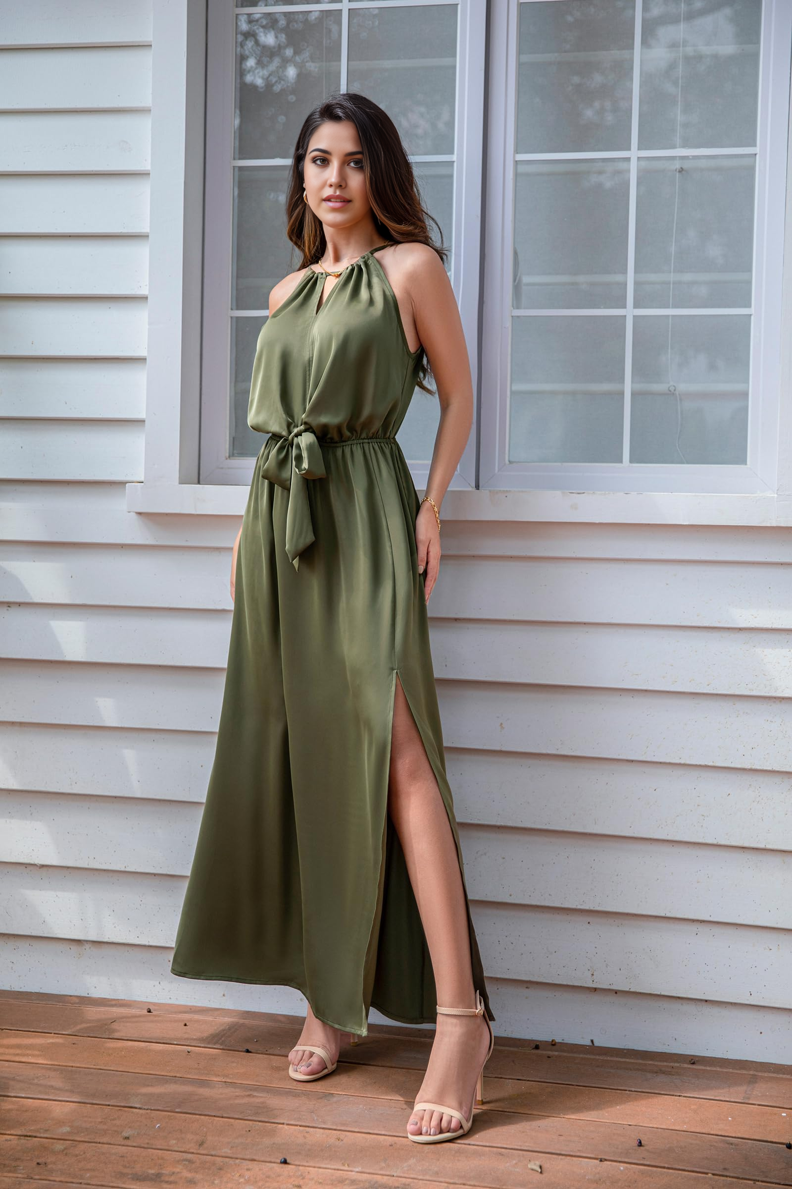 Boho Halter Maxi Tie Waist Satin Elegant Sleeveless Long High Slit formal dresses Bridesmaid Dresses evening gown Prom Dress