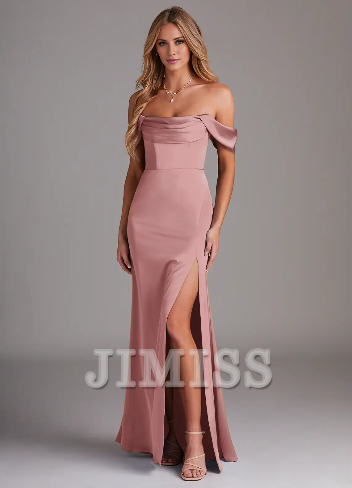 Off Shoulder Side Split Satin and Floor length Bridesmaid Dress - Jimiss Dress