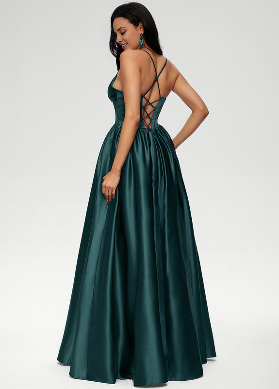 Ball-Gown/Princess V-neck pleated floor-length satin prom dress