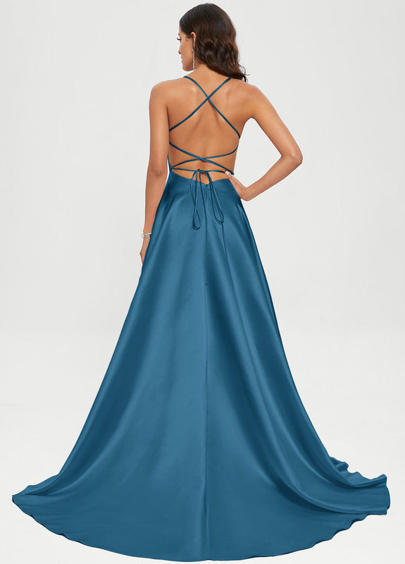 A-shaped square sweeping trailing satin Prom dress