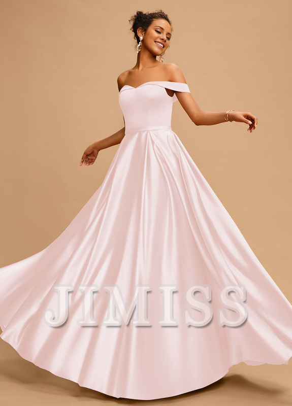 A-line off-the-shoulder floor-length satin prom dress