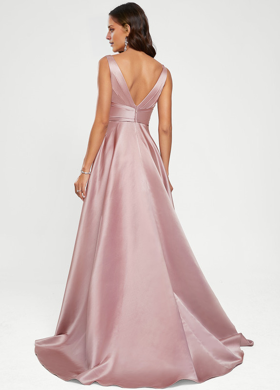 A-line V-neck floor-sweeping satin prom dress