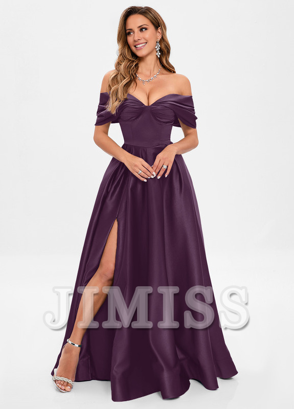A-line pleated off-the-shoulder floor-length satin prom dress