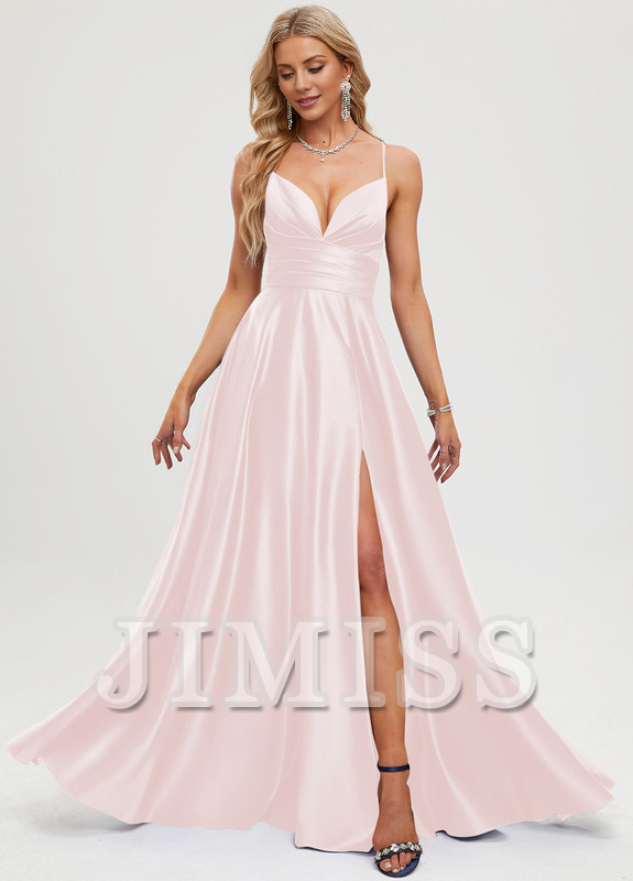 A-line V-neck pleated floor-length satin prom dress