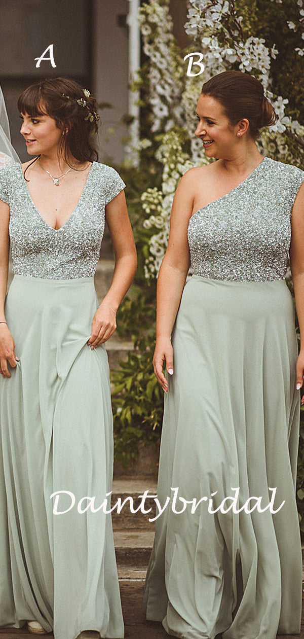 Simple V-neck Short Sleeve Chiffon Sequin Long Bridesmaid Dresses.DB10836