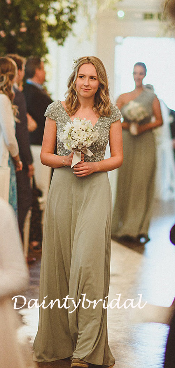 Simple V-neck Short Sleeve Chiffon Sequin Long Bridesmaid Dresses.DB10836