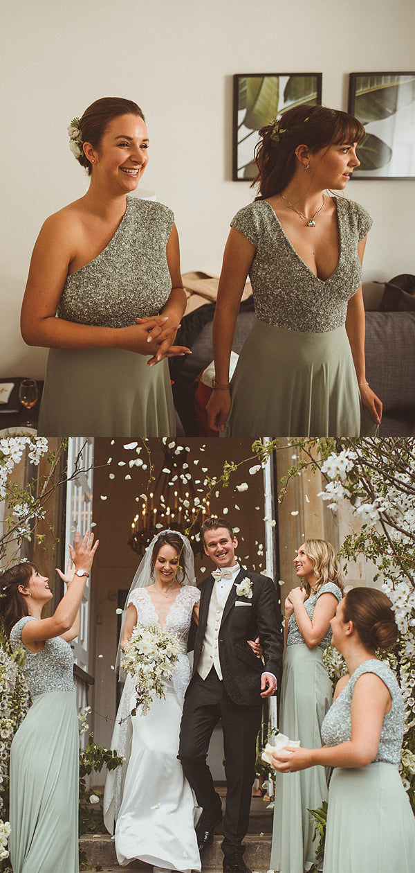 Simple V-neck Short Sleeve Chiffon Sequin Long Bridesmaid Dresses.DB10836