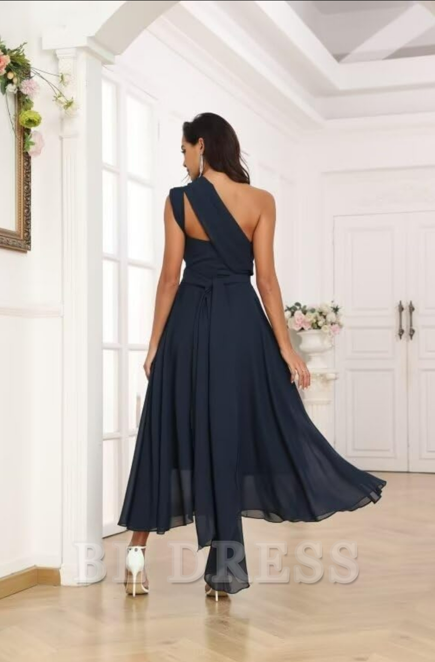 A-line One Shoulder Chiffon Tea Length Convertible Pleated High Low formal dresses Bridesmaid Dresses evening gown Prom Dress