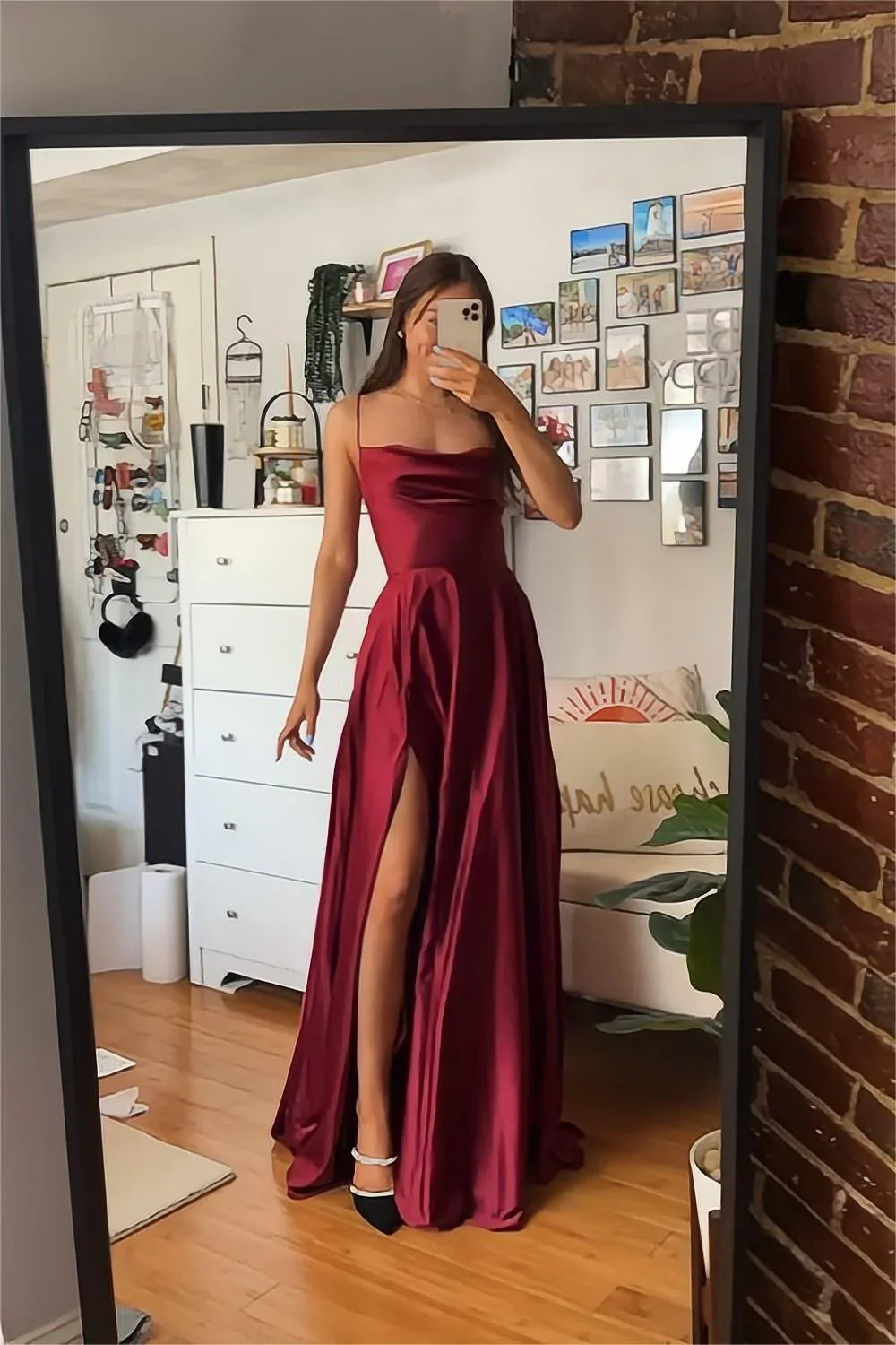 Jimiss front slit A-line thin shoulder strap wine red long Prom dress