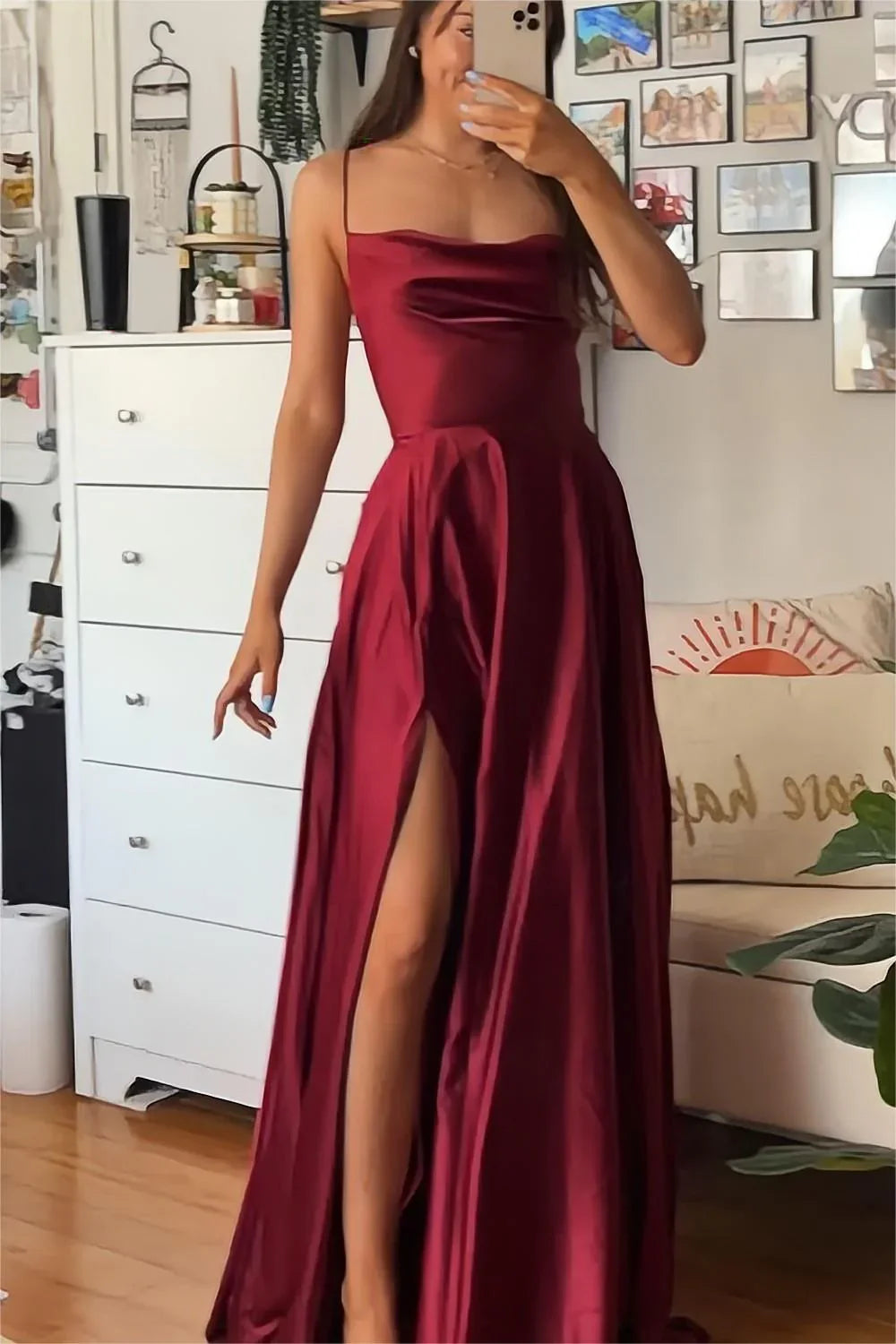 Jimiss front slit A-line thin shoulder strap wine red long Prom dress