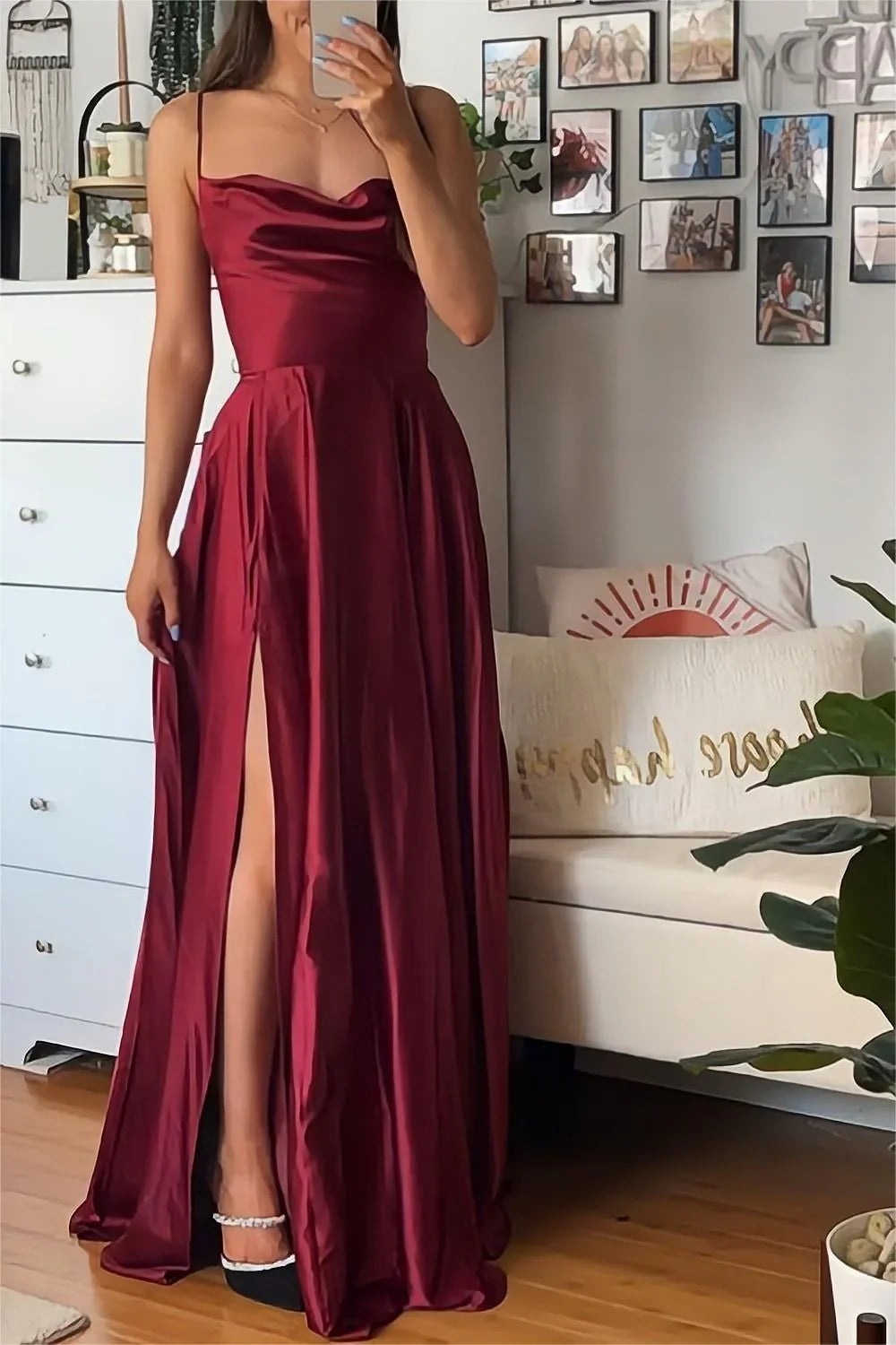 Jimiss front slit A-line thin shoulder strap wine red long Prom dress