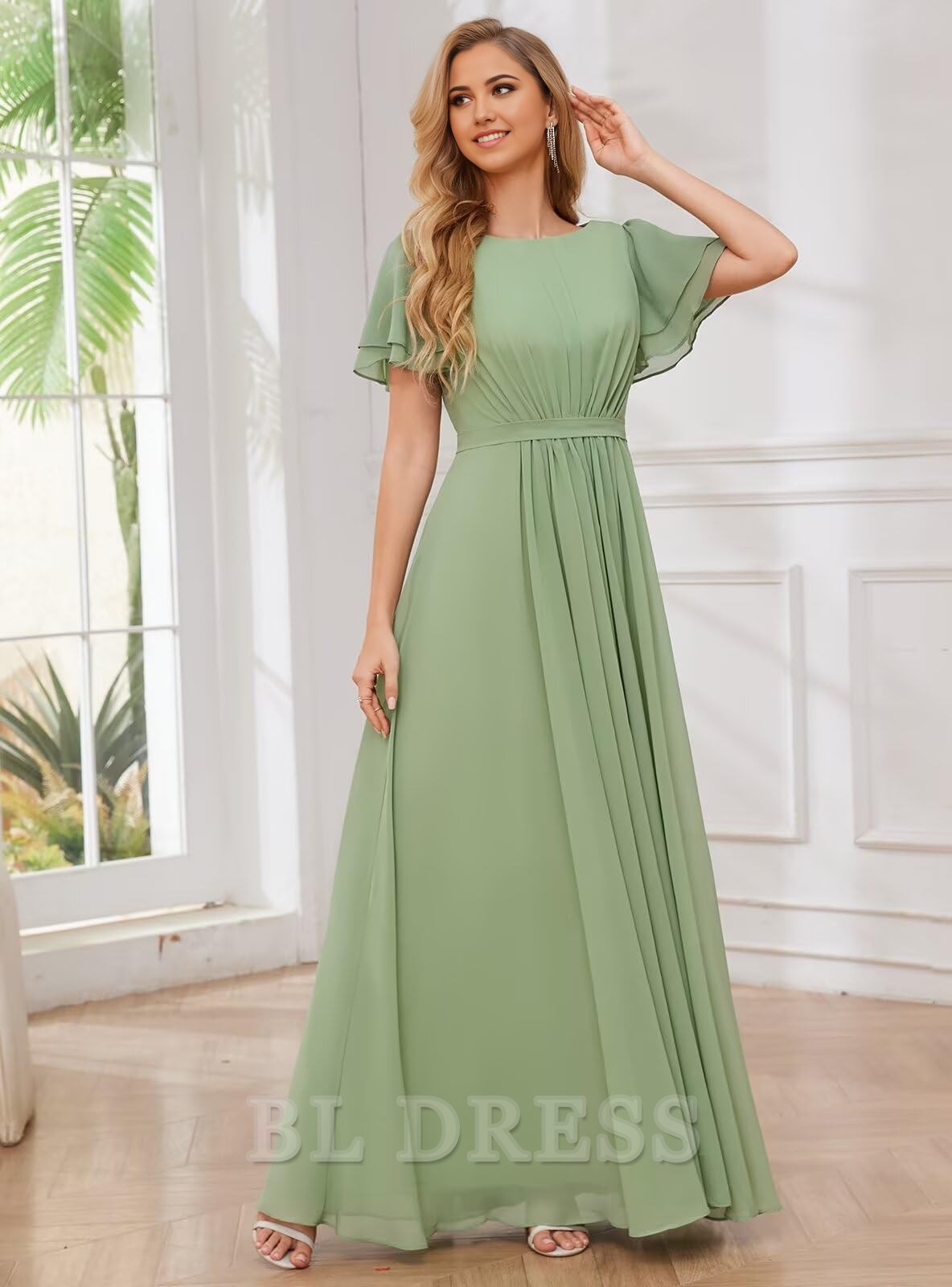 A-line Crew Neck Chiffon Sleeves Long formal dresses Bridesmaid Dresses evening gown Prom Dress