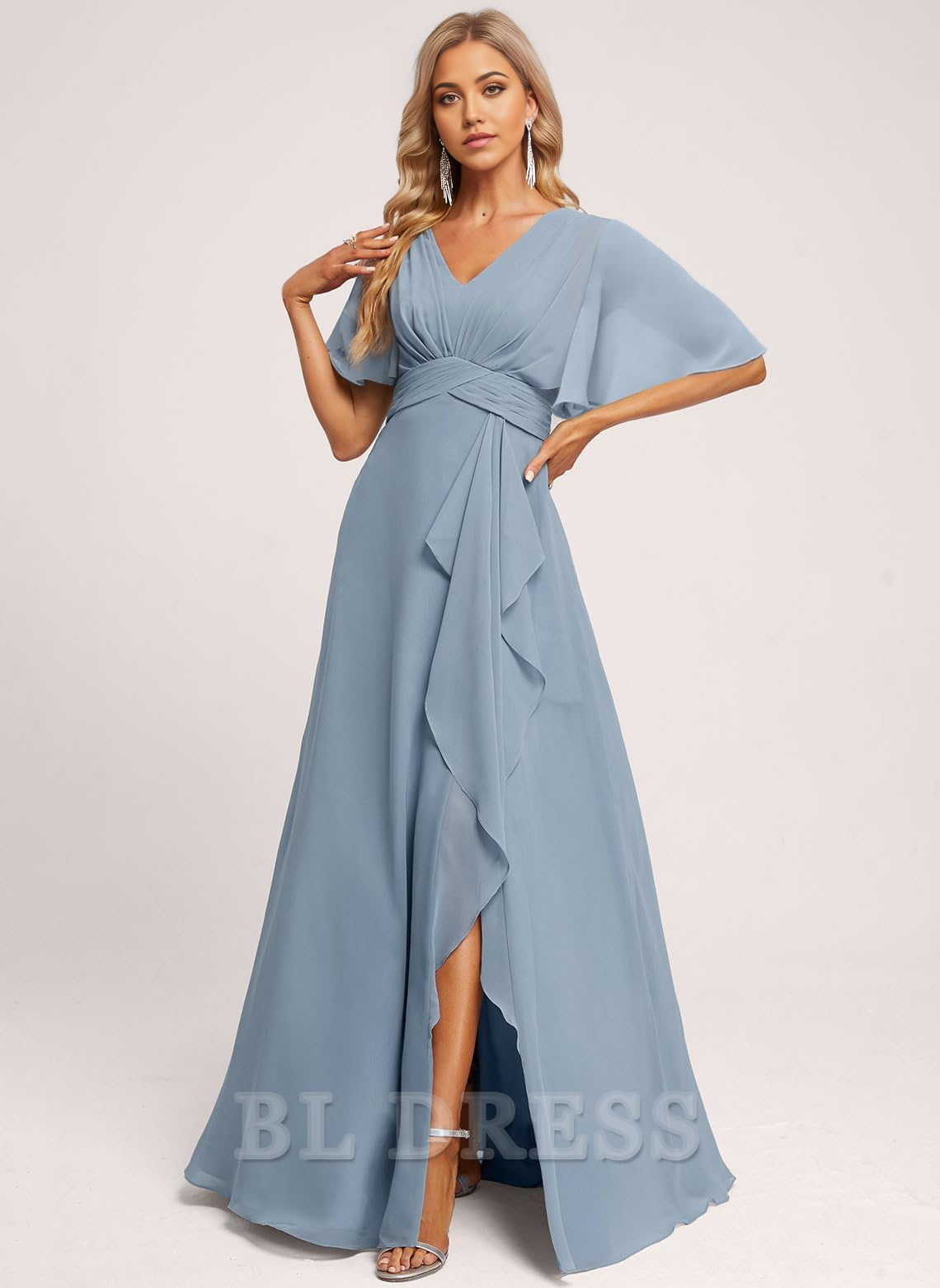A-line V Neck Sleeve Ruffle formal dresses Bridesmaid Dresses evening gown Prom Dress with Slit