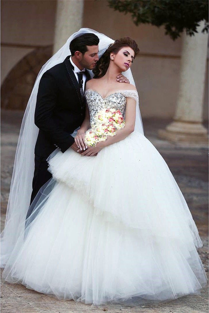 Bling Bling Pearl And Crystal Beaded Wedding Dress Ball Gown Off Shoulder