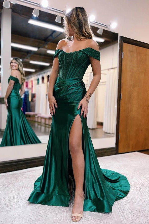 2024 Off the Shoulder Satin Prom Dresses Long with Lace Top and Slit