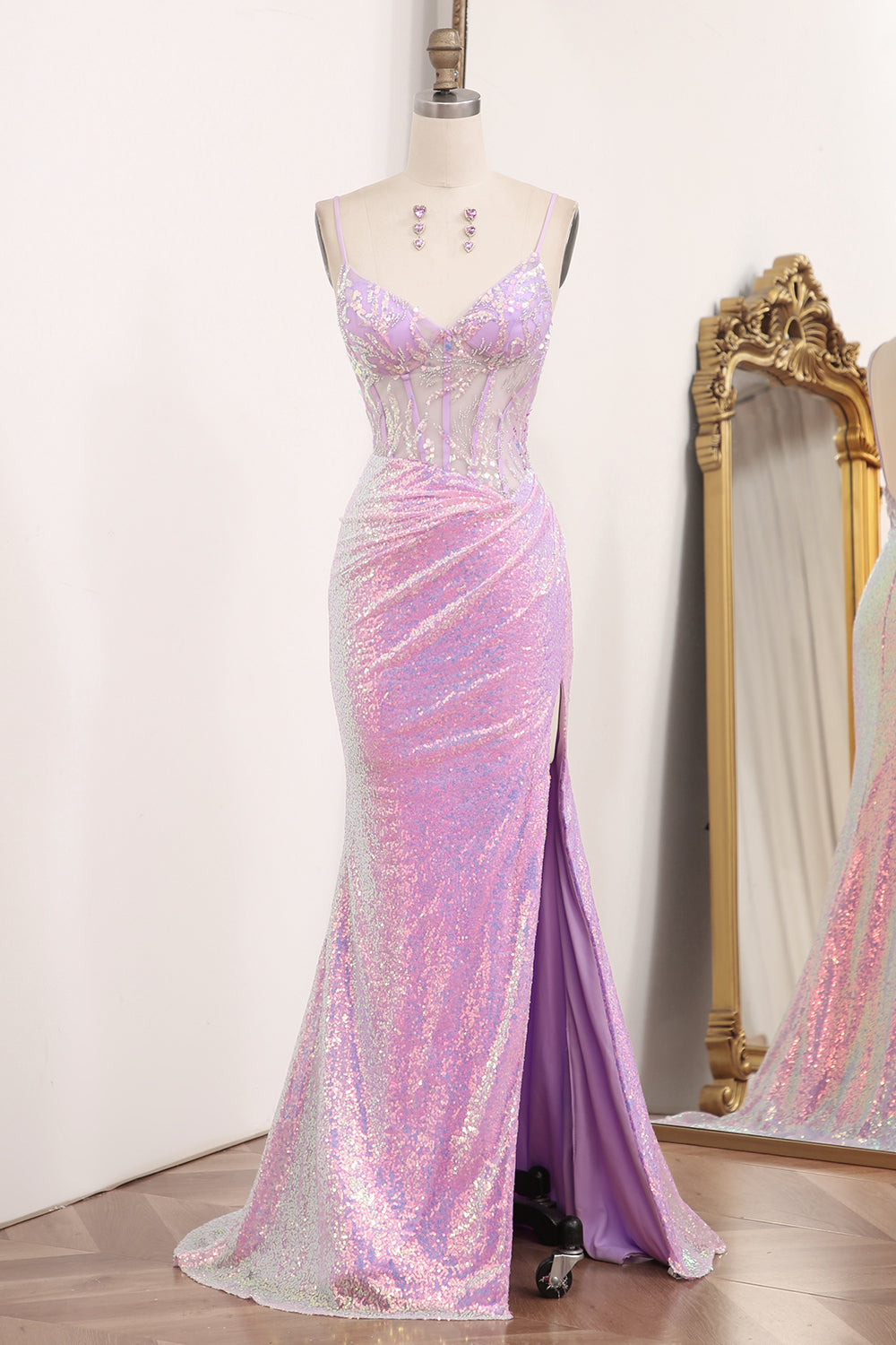 Light Purple Sequined Mermaid Long Corset Prom Dress With Slit Sparkly