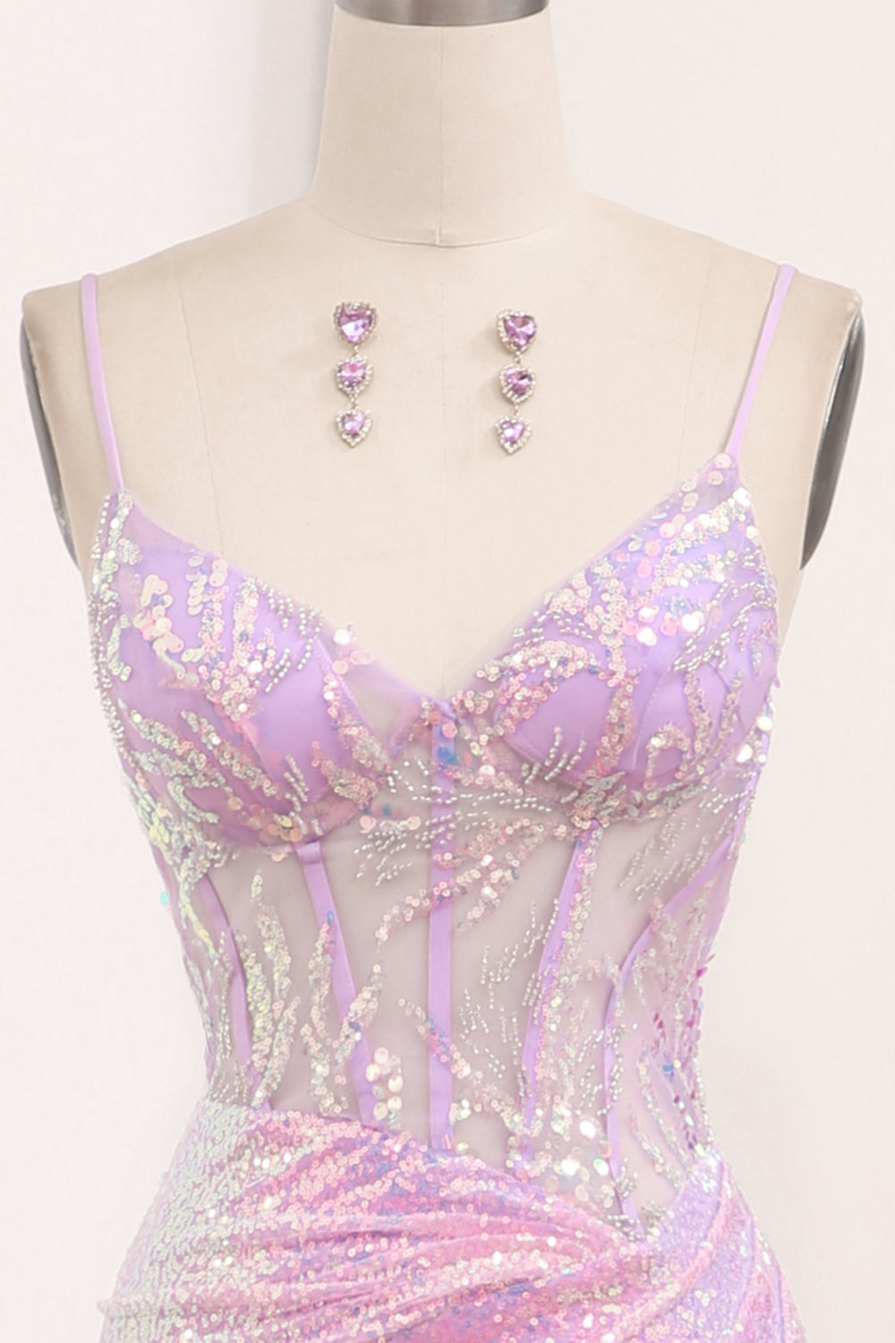 Light Purple Sequined Mermaid Long Corset Prom Dress With Slit Sparkly