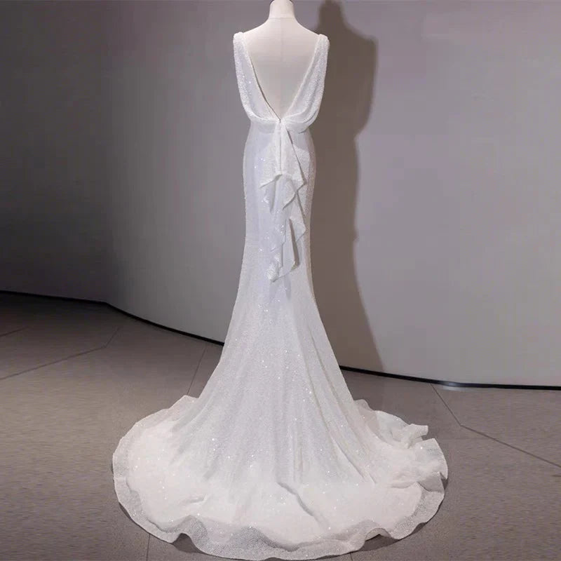 Aimishang Elegant Evening Gowns Prom Dresses White Sequin Mermaid Wedding Dress Formal Birthday Party Dress