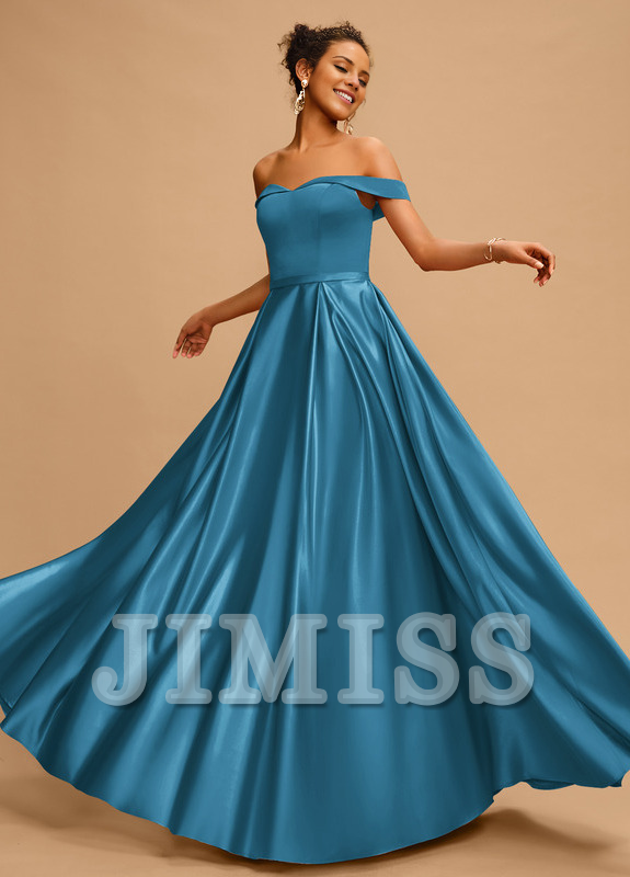 A-line off-the-shoulder floor-length satin prom dress