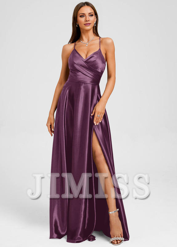 A-line V-neck floor-length pleated satin prom dress