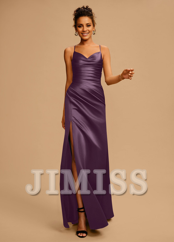 Bodycon/straight V-neck floor-length pleated satin prom dress